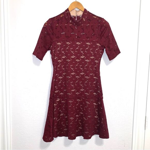 BCBG Max Azria Burgundy Lace Short Sleeve Mini Dress - Picture 1 of 7